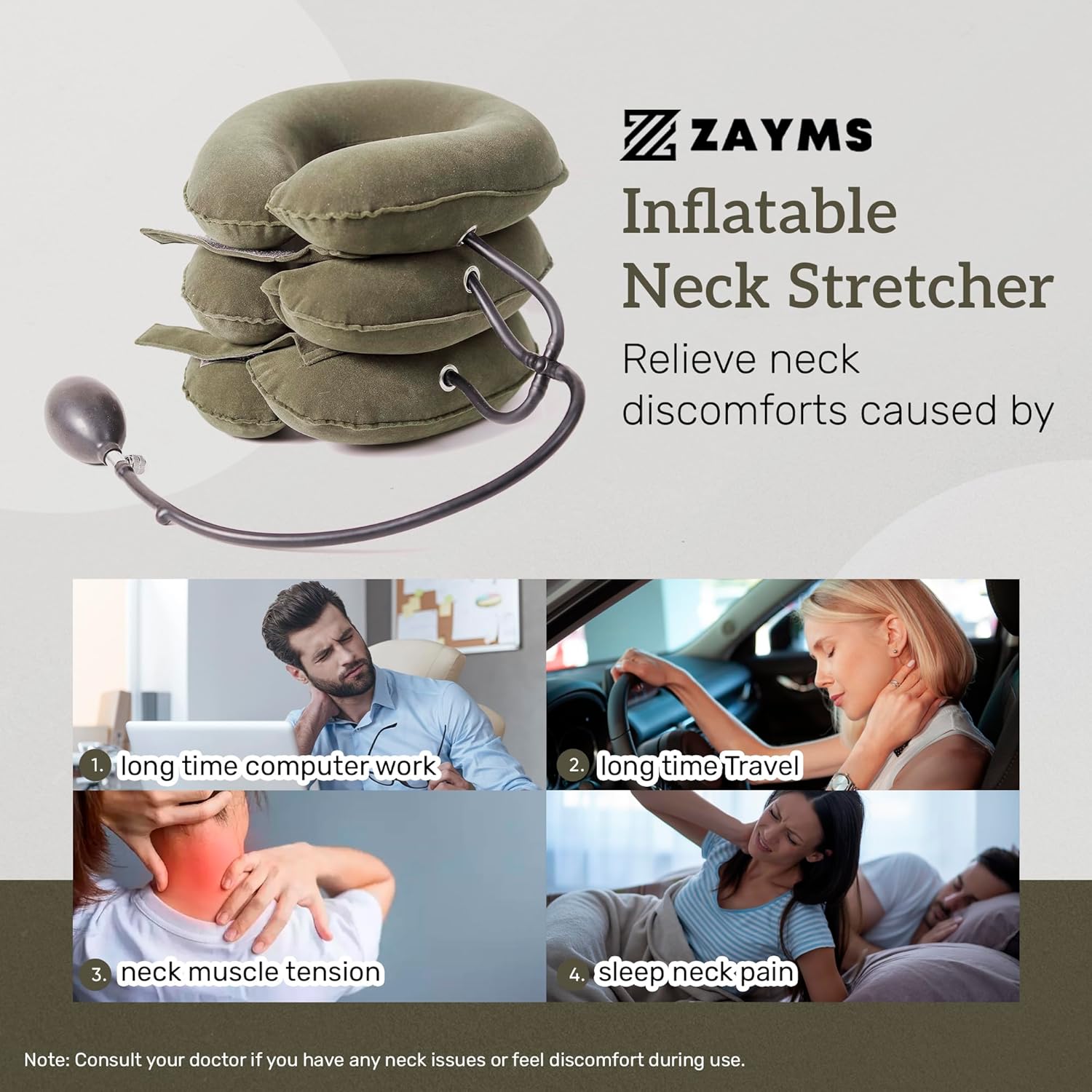 Lightweight inflatable neck support used at home, office, or travel