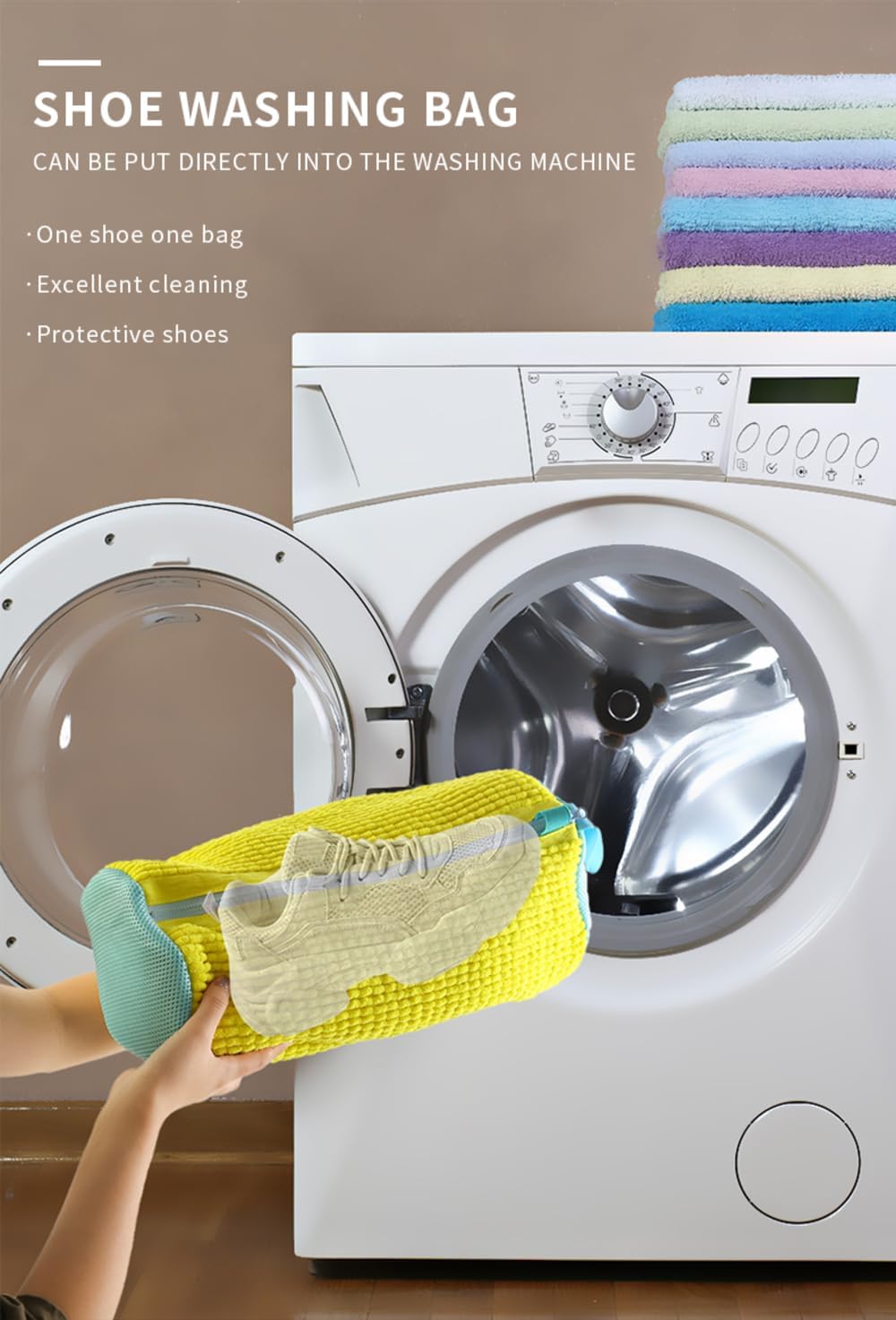 Yellow shoe laundry bags placed inside washing machine to prevent wear and tear